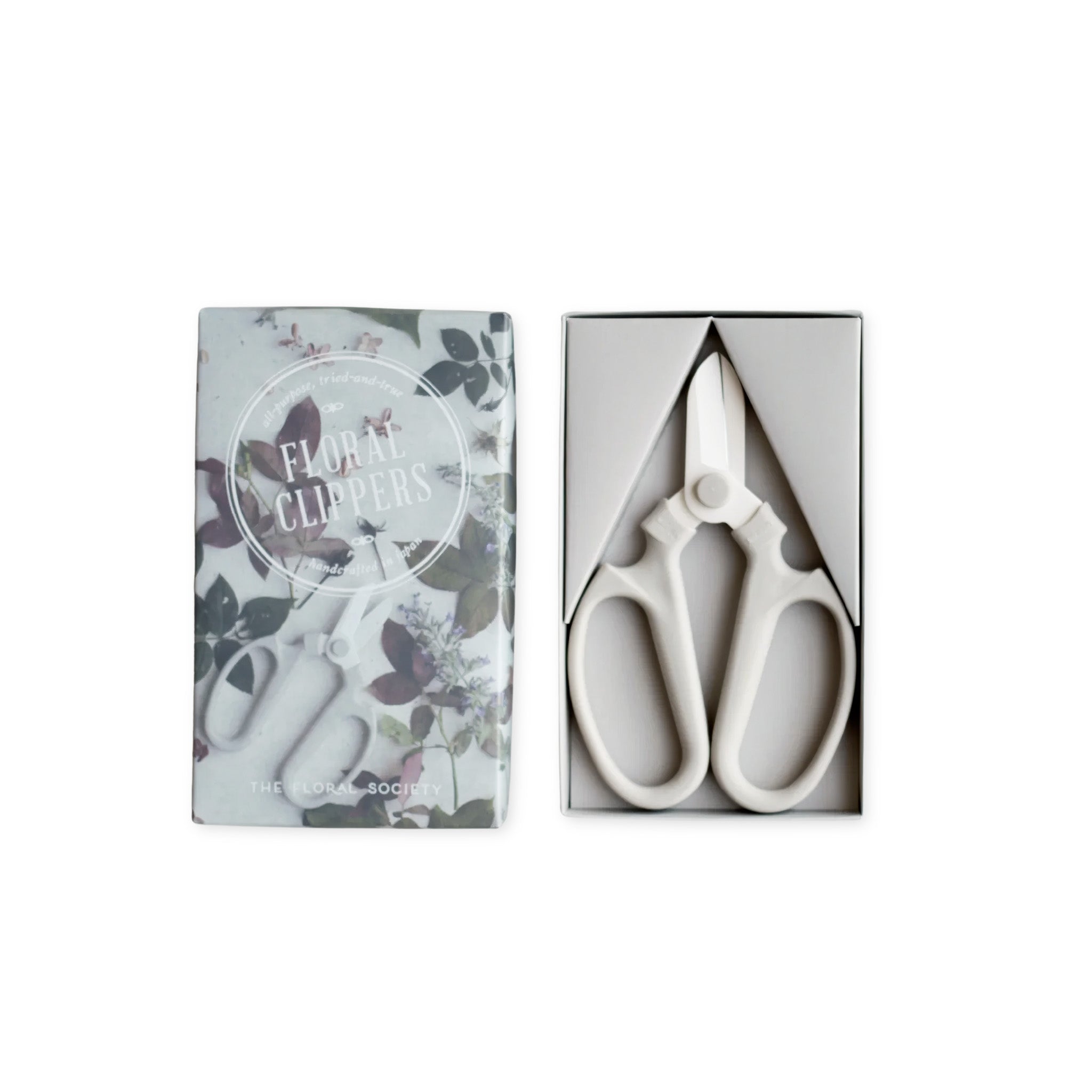 Grey floral clippers in a decorative box with floral design