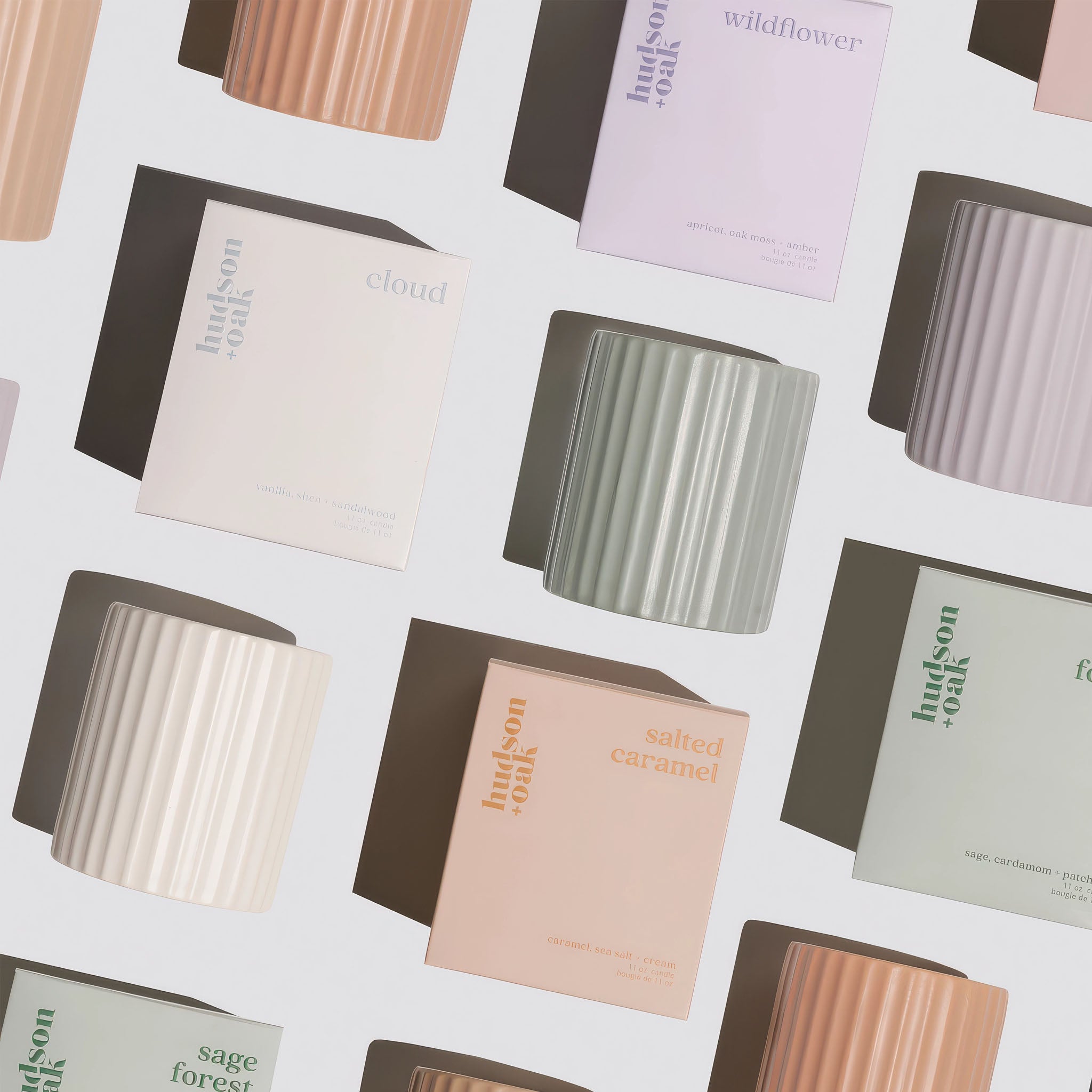 The full collection of Hudson + Oak's scented candle colletion