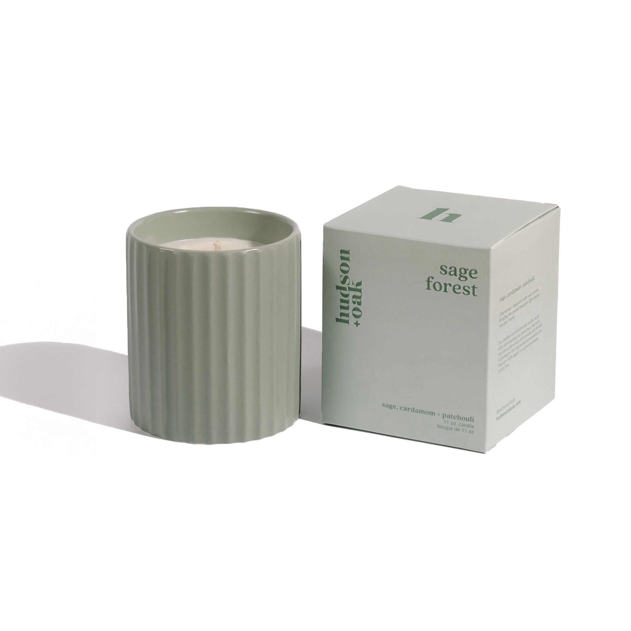 image of hudson oak scented candle sage next to box