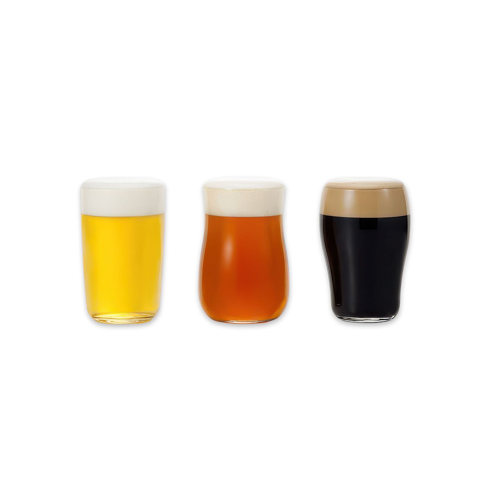 image of three large ishizuka beer glasses in a row filled with beer