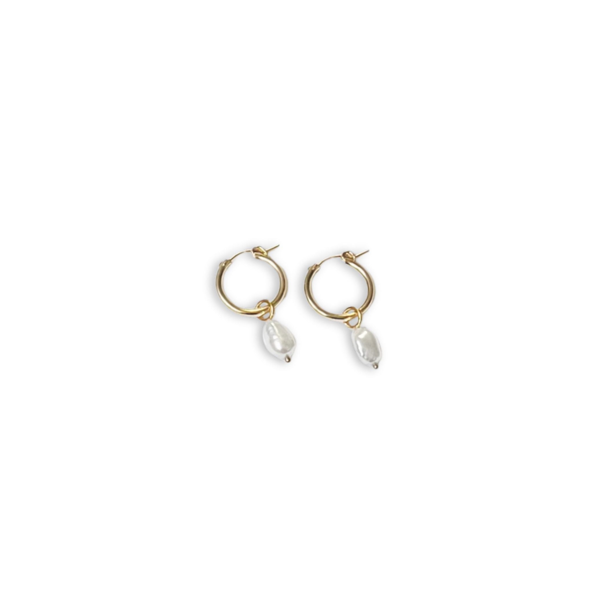 View of Anna Hoops + Pearl Drop Charms earrings by Kara Yoo