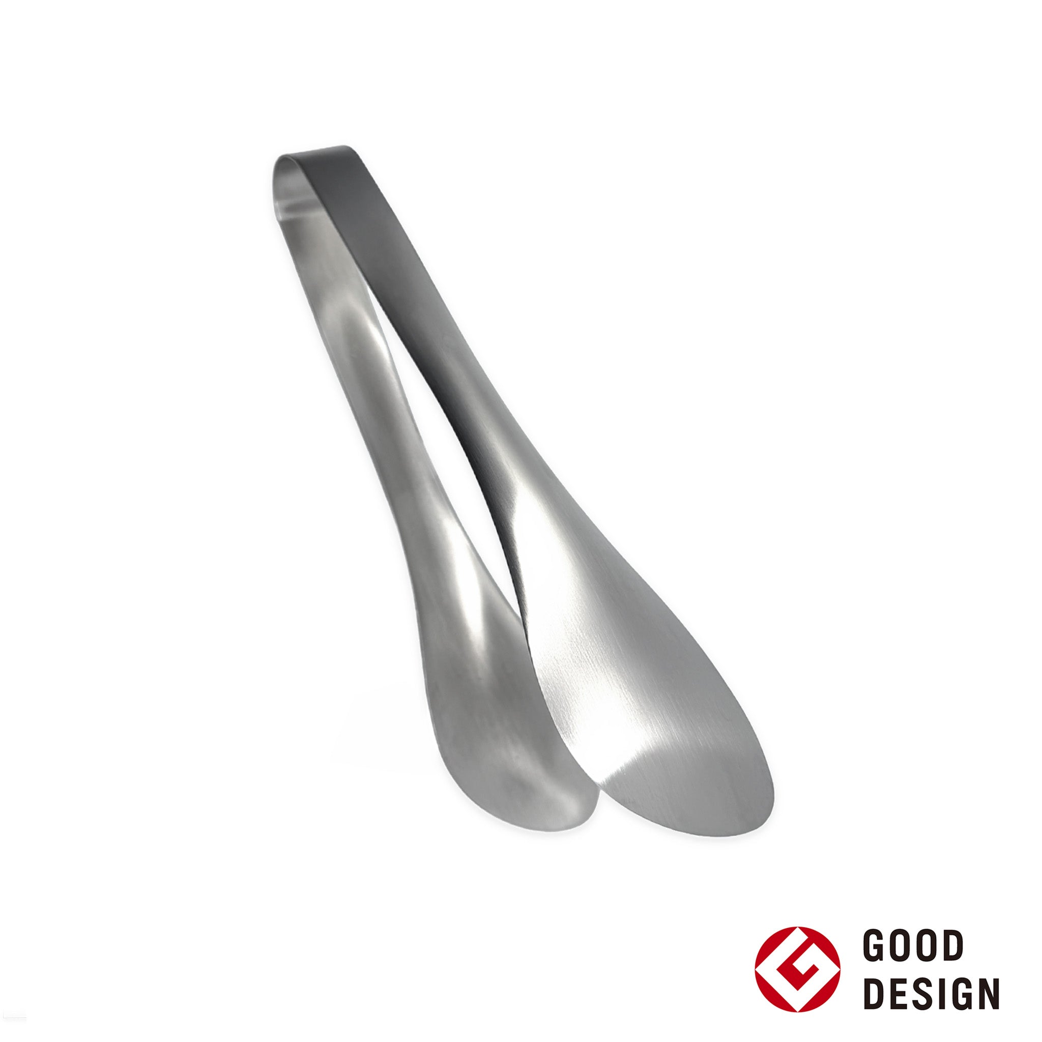 Metallic Sori Yanagi tongs on a white background with Good Design logo.