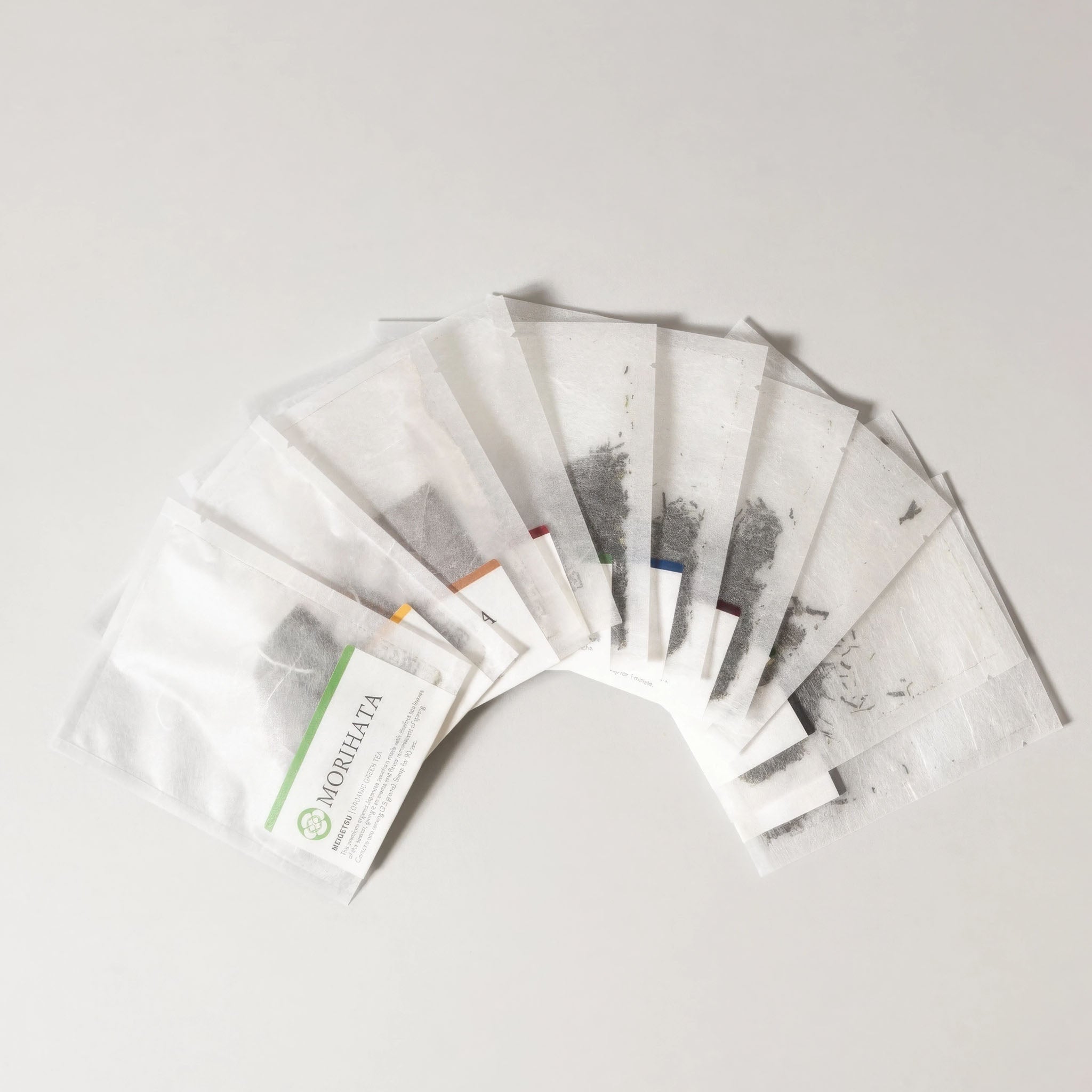 Morihata's organic japanese 10-tea samplers on a  light gray background