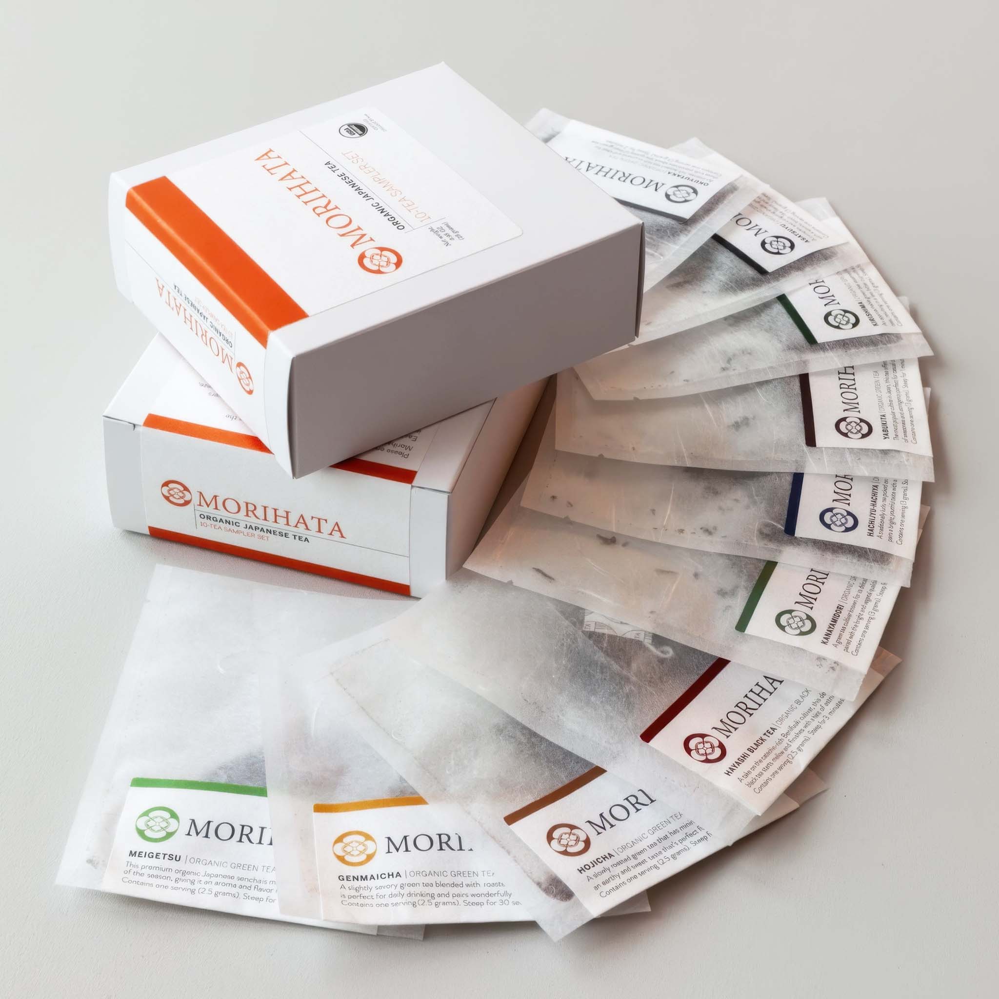 Morihata tea packages and box on a light gray background