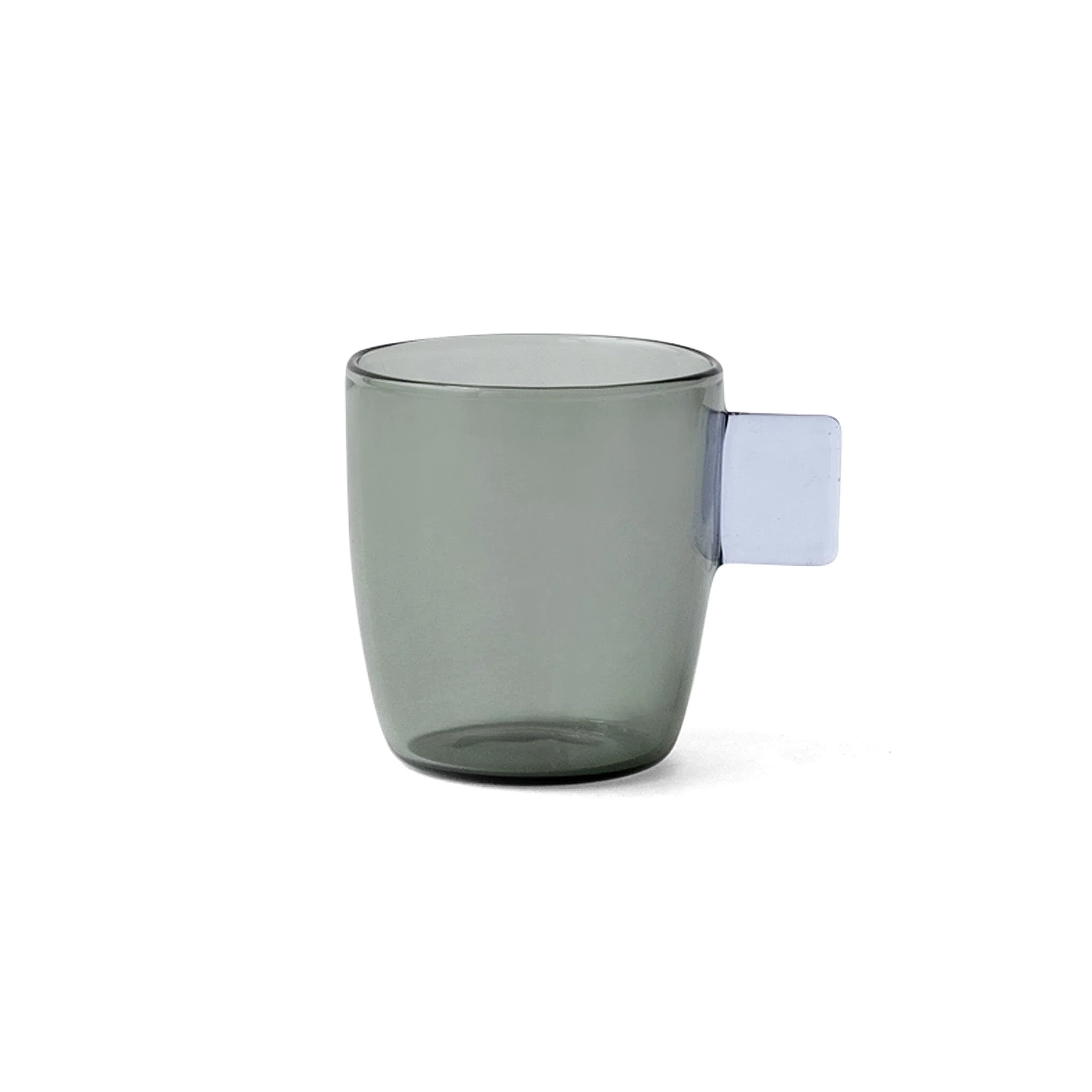 Grey glass mug with a lavender handle on a white background