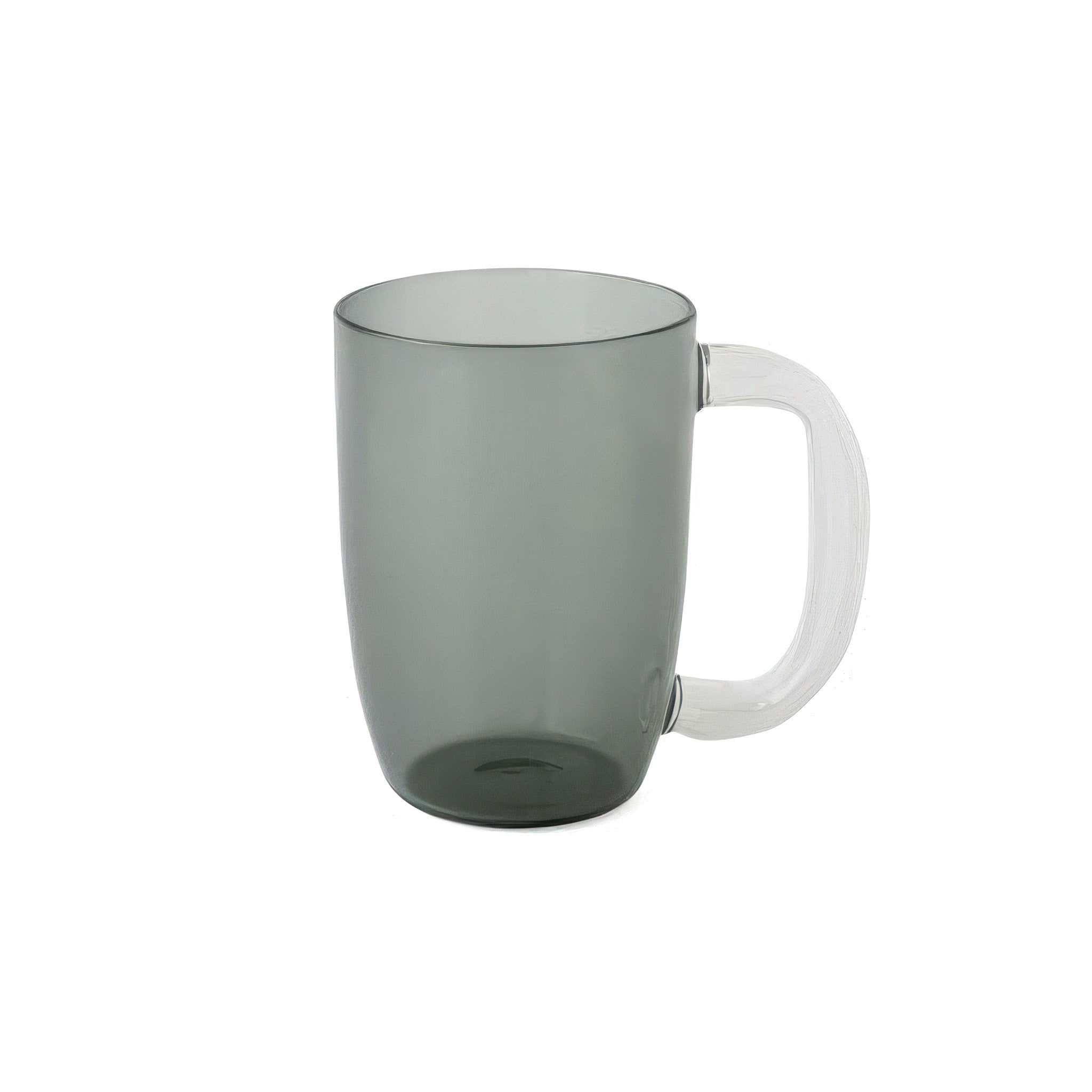 Gray glass mug with a clear handle on a white background