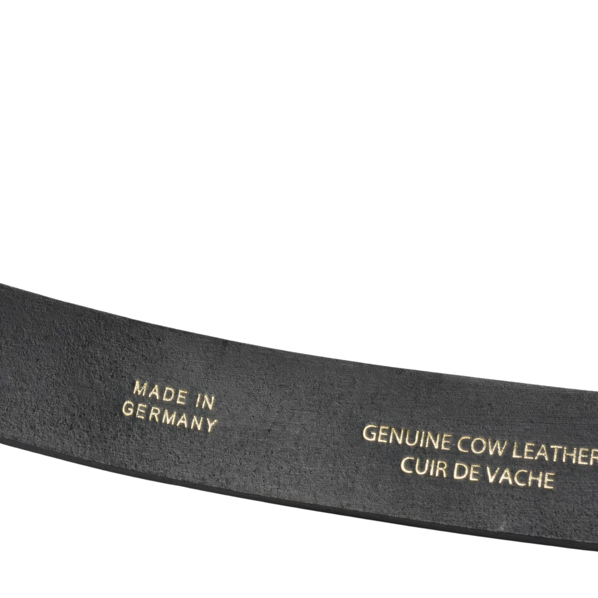 Black leather belt with 'Made in Germany' and 'Genuine Cow Leather' text on a white background
