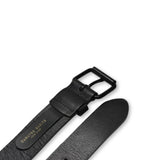 Black leather belt with a buckle on a white background
