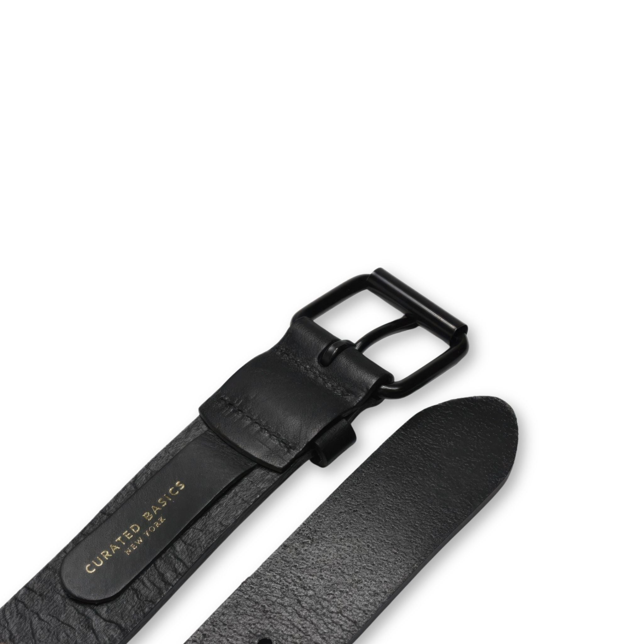 Black leather belt with a buckle on a white background