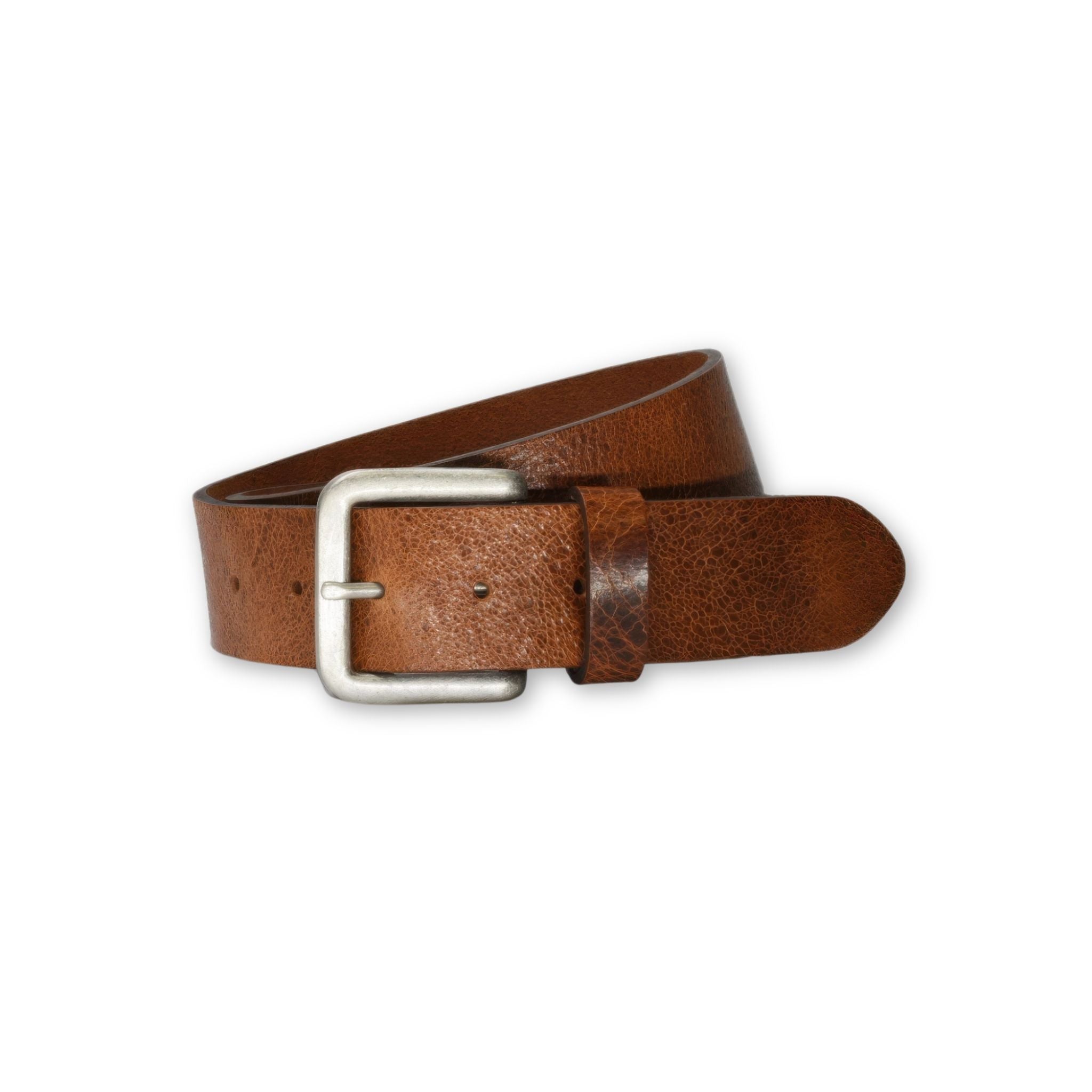 Brown leather belt with a silver buckle on a white background