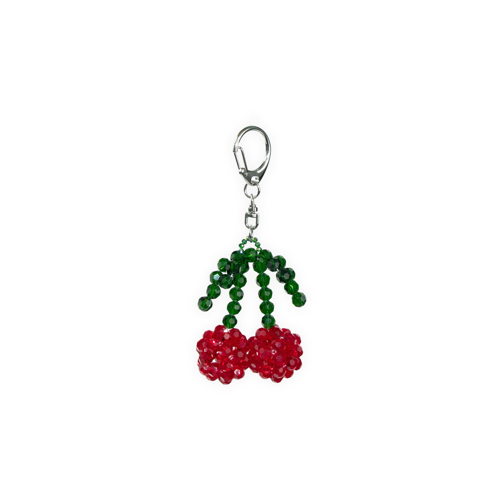 Beaded keychain with red and green beads on a white background