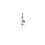 Side angle of silver charms with clear beads on a white background