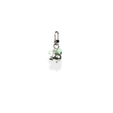 Silver charm with a green bead and a clear bead on a white background