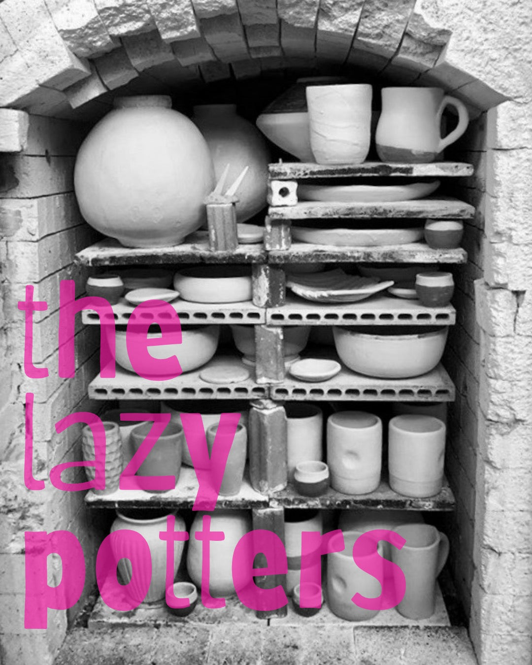 Shelving unit with ceramic pots and the text 'the lazy potters' in pink.