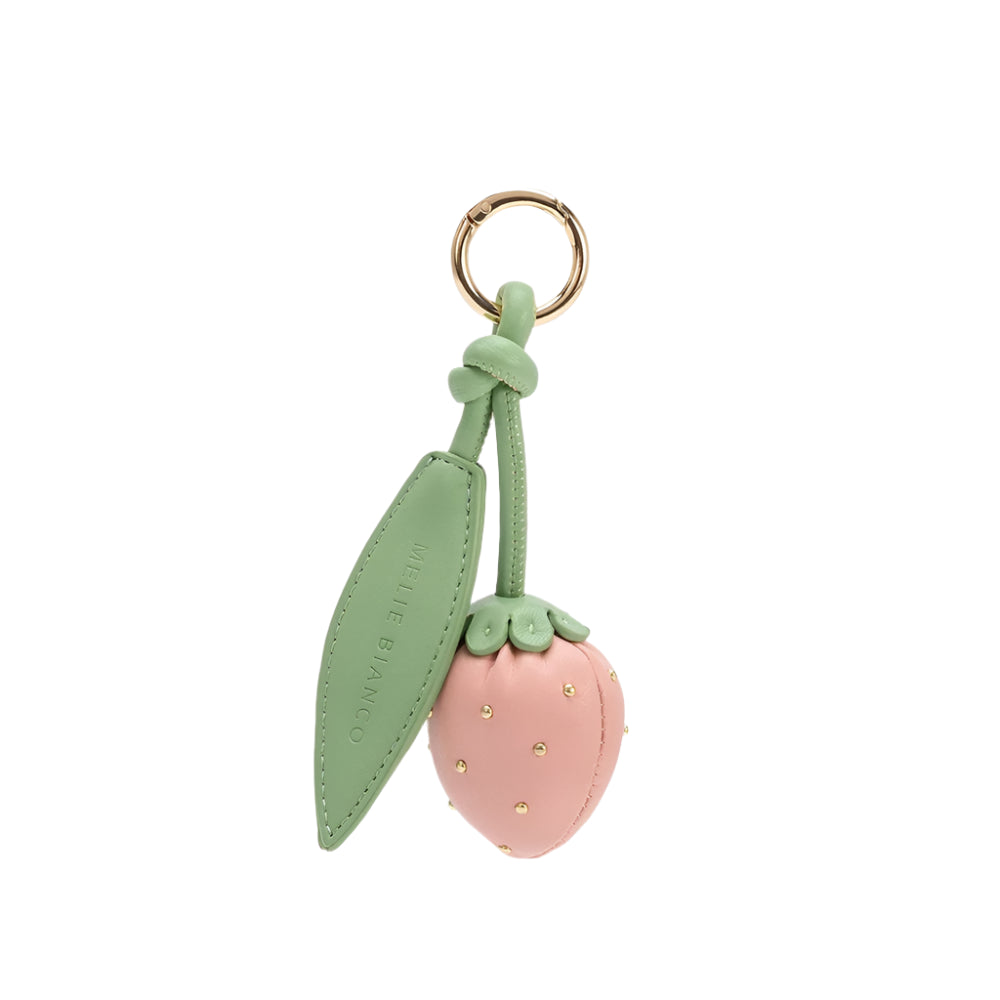 Full image of the pink strawberry recycled vegan bag charm