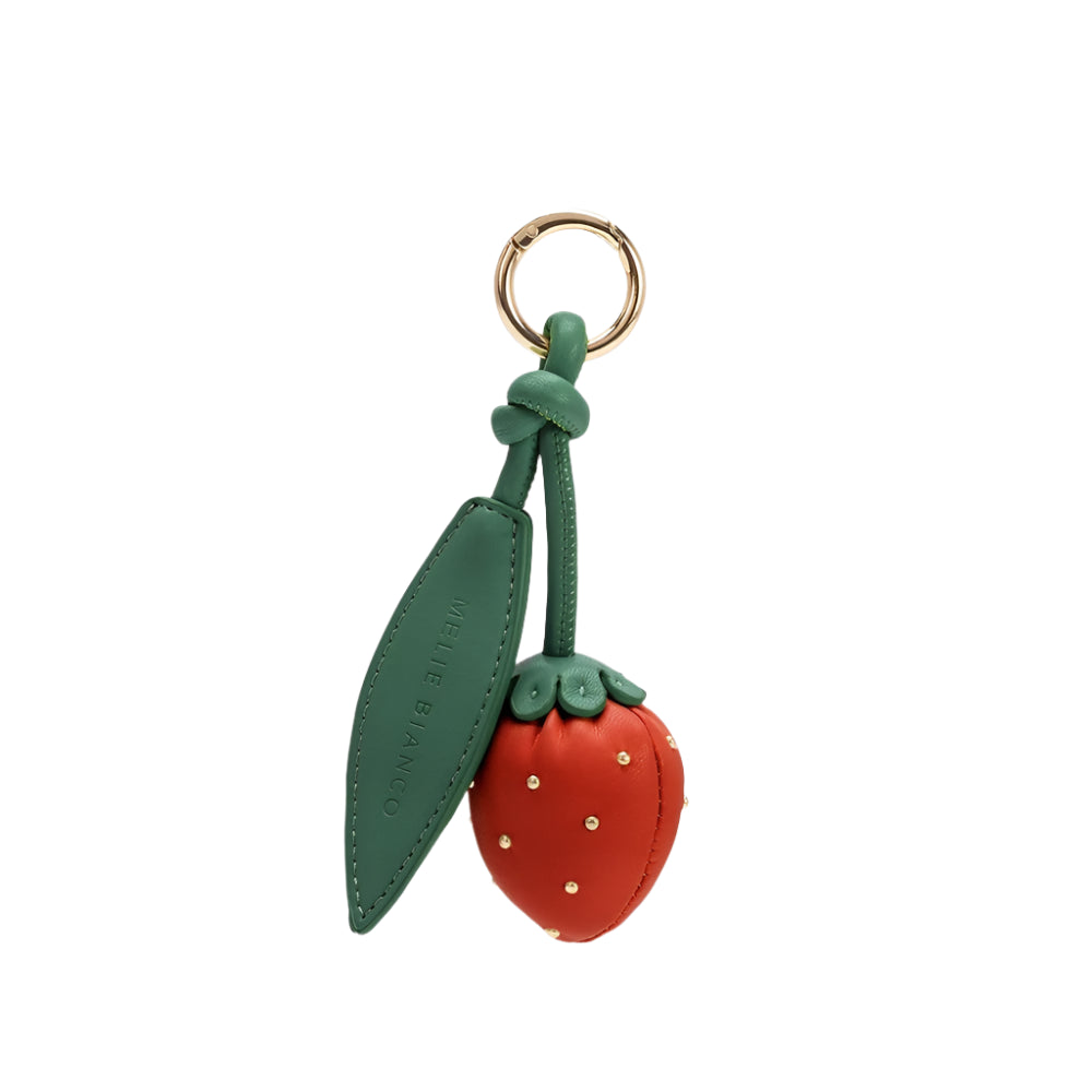 Full image of the red strawberry recycled vegan bag charm