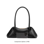 Comparison view of the Dakota recycled vegan shoulder bag in black to the iphone 15 Pro