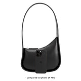 Size comparison view of Willow recycled vegan shoulder bag in black to the iphone 15 pro