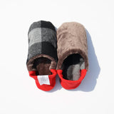 image of merippa slippers Flannel block plaid and Fur design one slipper reversed