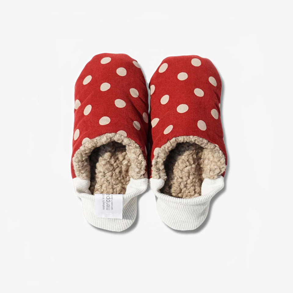 image of merippa slippers red Corduroy polka dots with Woolly boa design