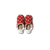 image of merippa slippers red Corduroy polka dots with Woolly boa design