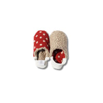 image of merippa slippers red Corduroy polka dots with Woolly boa design one slipper reversed