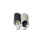 image of merippa slippers dark Corduroy polka dots and Woolly boa design with one slipper reversed