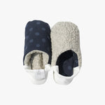 image of merippa slippers dark Corduroy polka dots and Woolly boa design with one slipper reversed