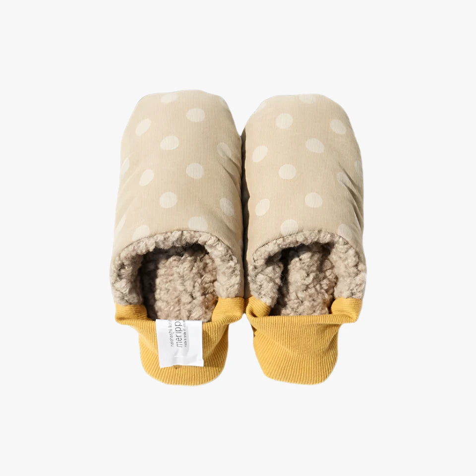 image of merippa slippers Corduroy polka dots and  Woolly boa design 