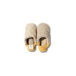 image of merippa slippers Corduroy polka dots and  Woolly boa design one slipper reversed