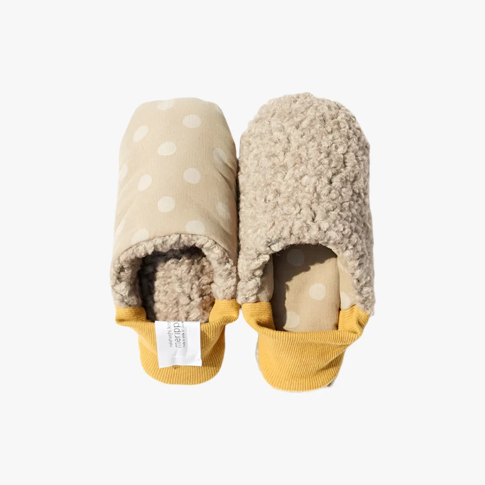 image of merippa slippers Corduroy polka dots and  Woolly boa design one slipper reversed