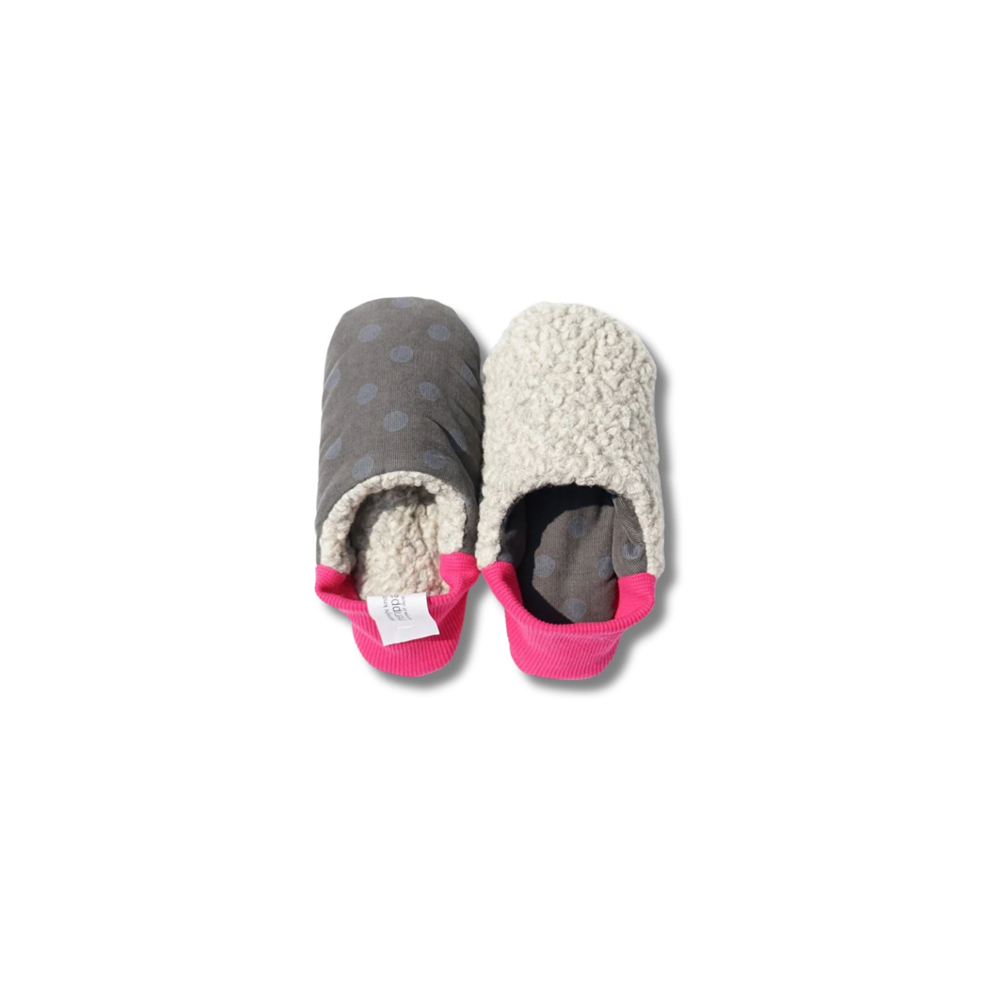 image of merippa slippers light Corduroy polka dots and Woolly boa design with one slipper reversed 