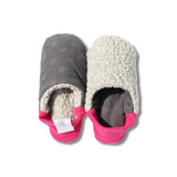 image of merippa slippers light Corduroy polka dots and Woolly boa design with one slipper reversed 