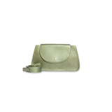 Minor History's The Horizon Crossbody bag jade color front view with shoulder straps coiled and removed placed infront of bag