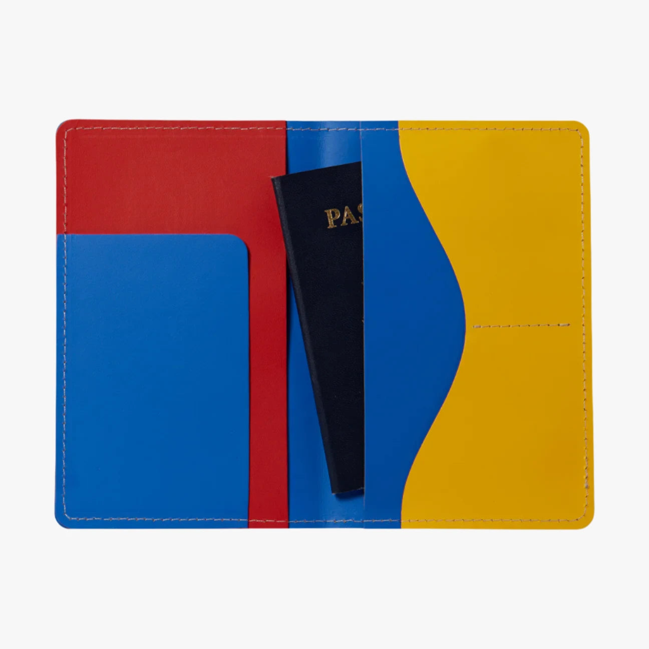 image of moma recycled leather passport holder blue red and yello color design with passport inserted