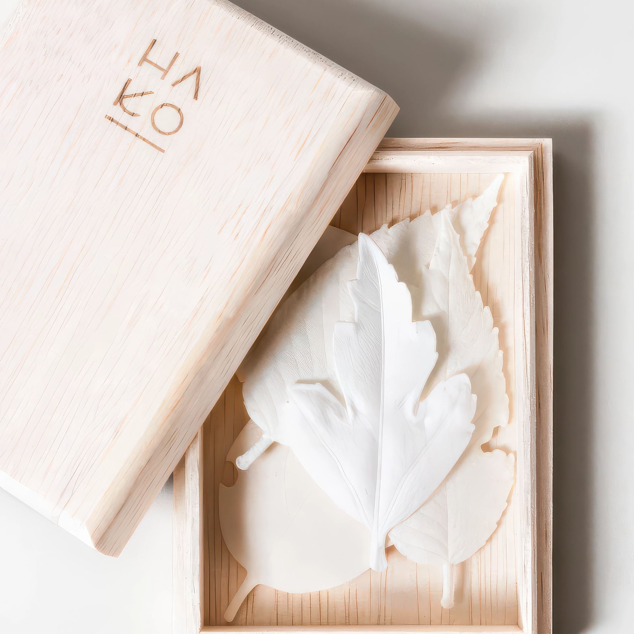 image of morihata hako incense kit with open wooden box with leaf shaped incense inside