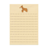 Letterset with dog-themed design on top corner, beige background with lined paper for origami folding.
