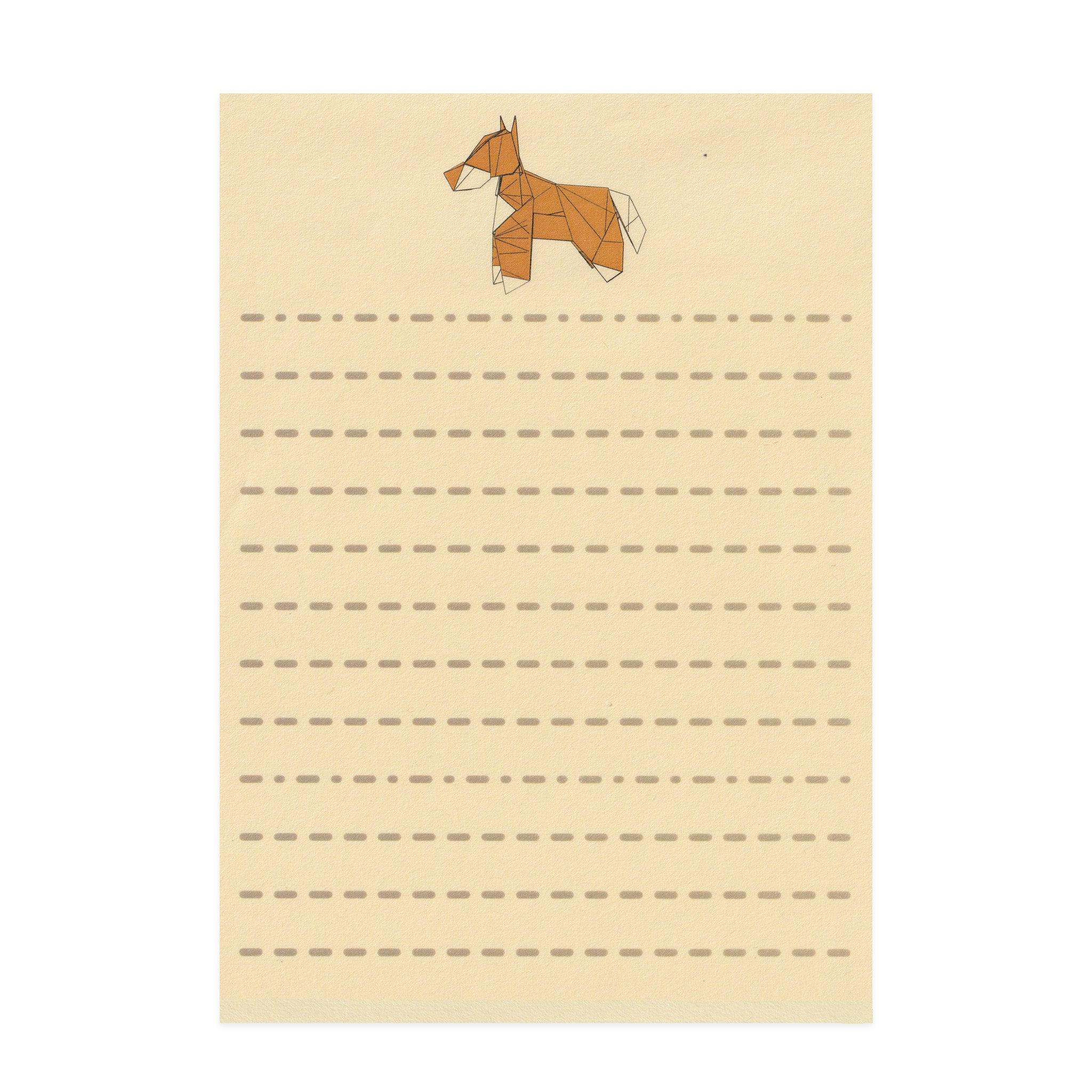 Letterset with dog-themed design on top corner, beige background with lined paper for origami folding.