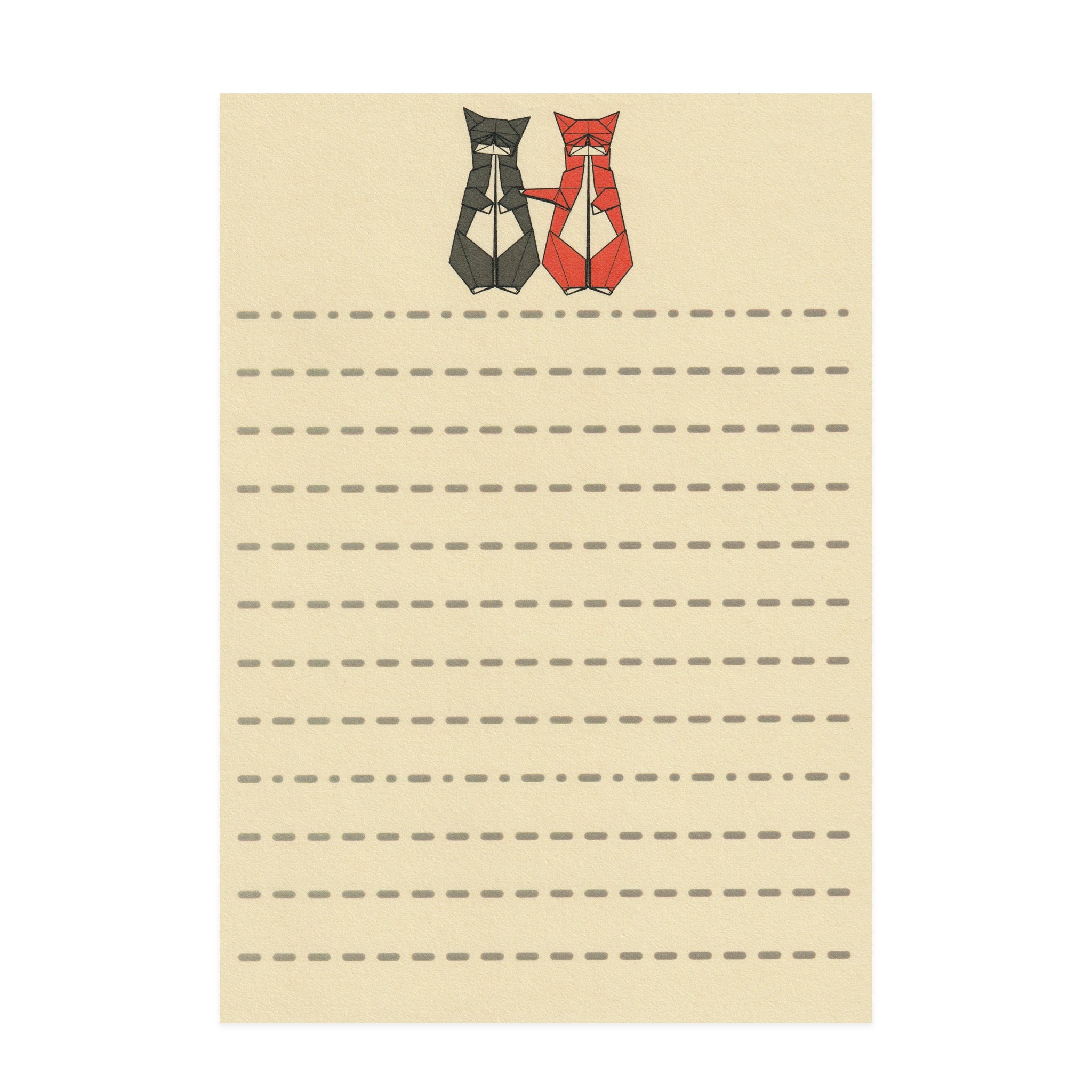 Letterset with cat-themed design on top corner, beige background with lined paper for origami folding.