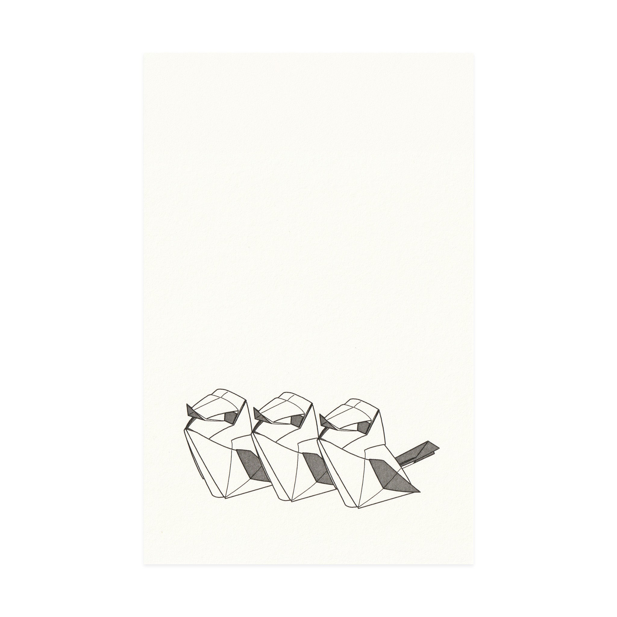Beige postcard featuring illustration of three origami birds