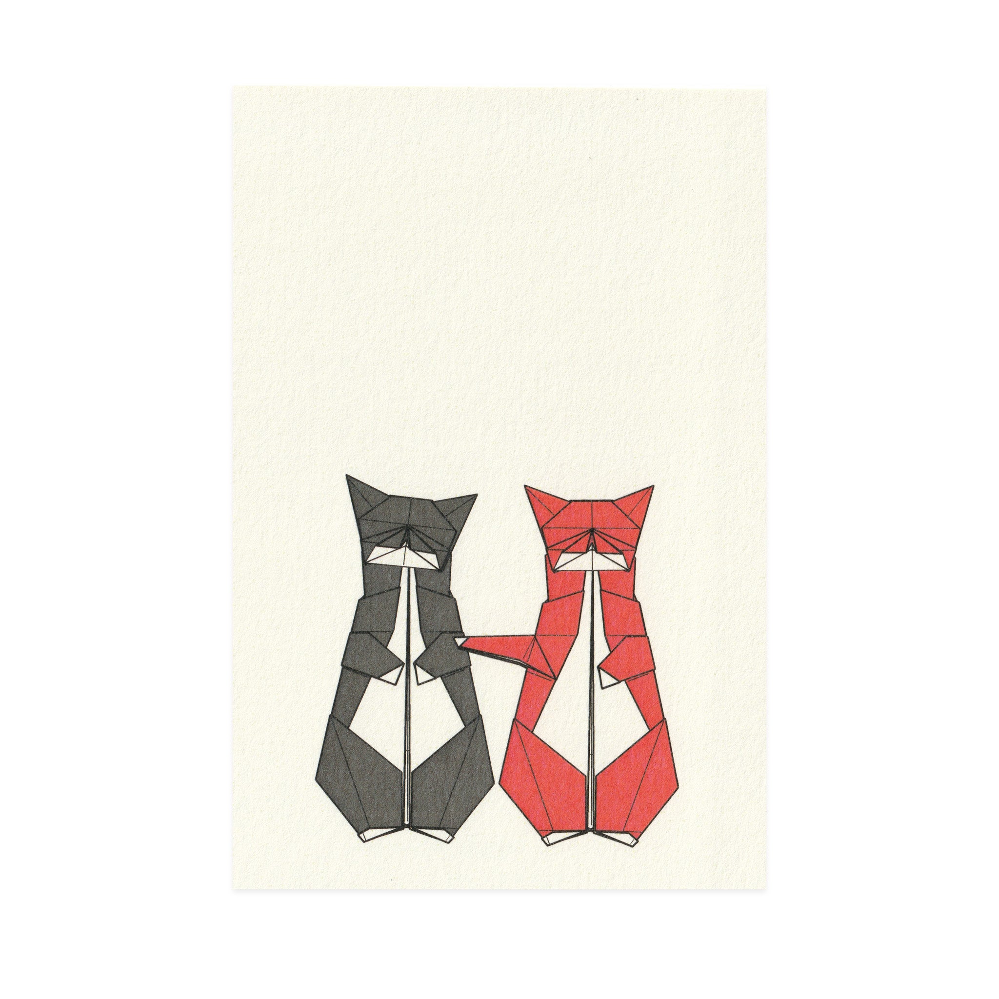 Beige postcard featuring illustration of two origami cats
