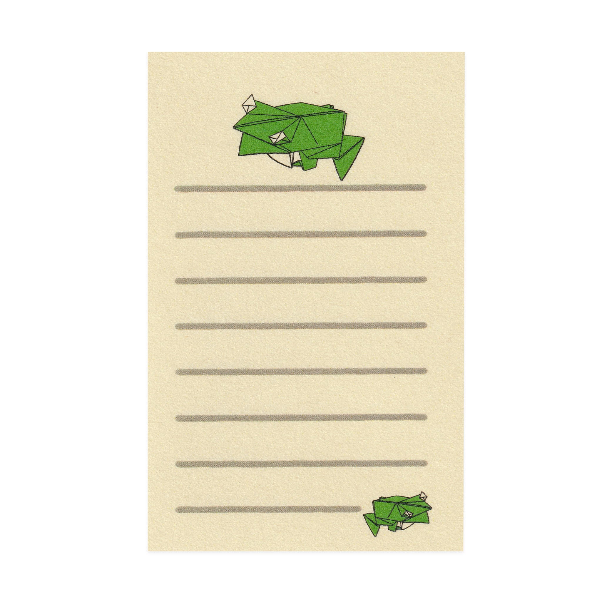 Letterset with green origami frog design on a beige background