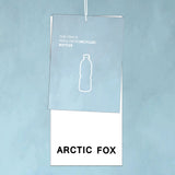 Product tag with 'Arctic Fox' branding and recycled bottle information on a light blue background