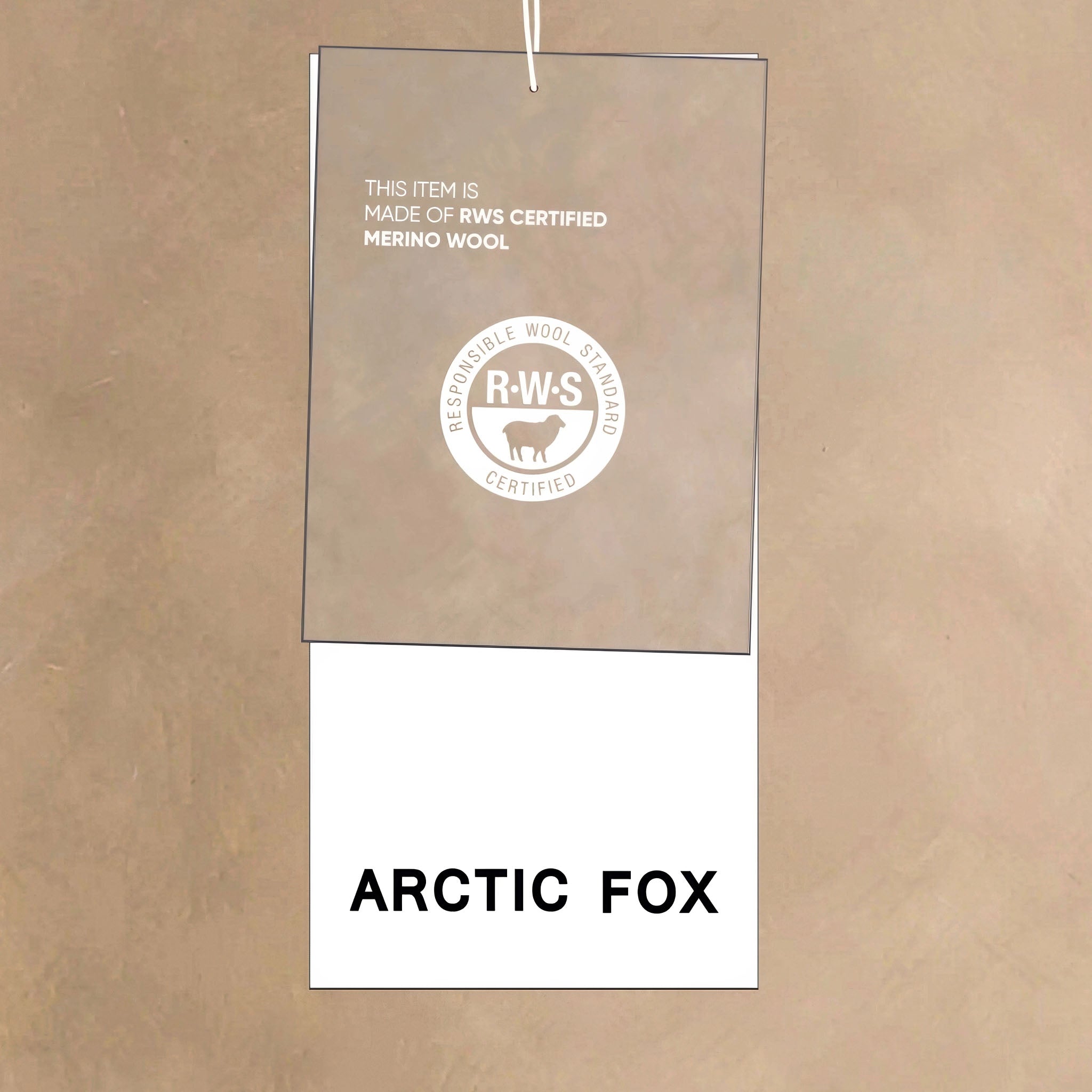 Product tag with 'RWS' certification logo and 'Arctic Fox' text on a brown background