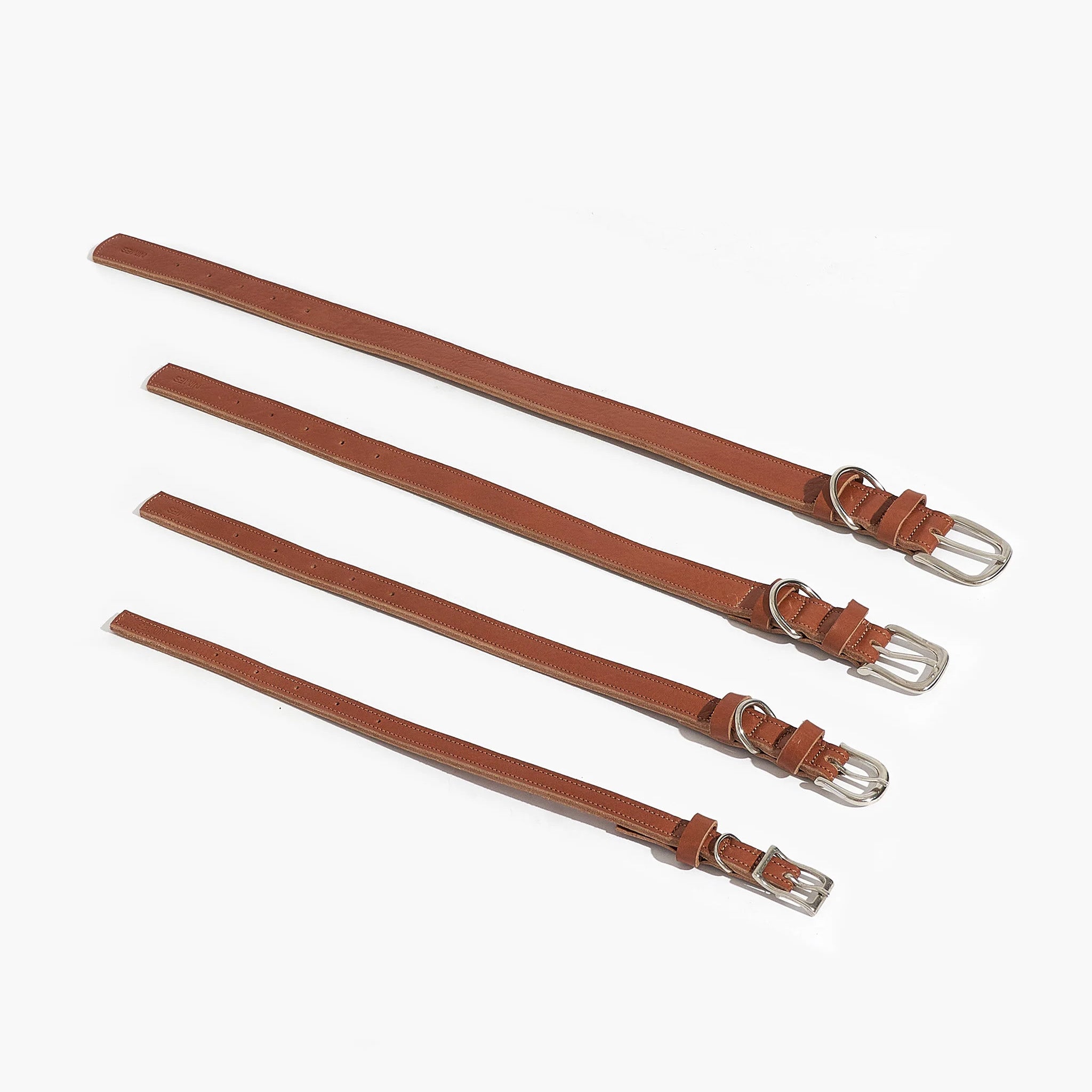Four varying sizes of NImes' brown leather dog collars with silver buckles on a white background