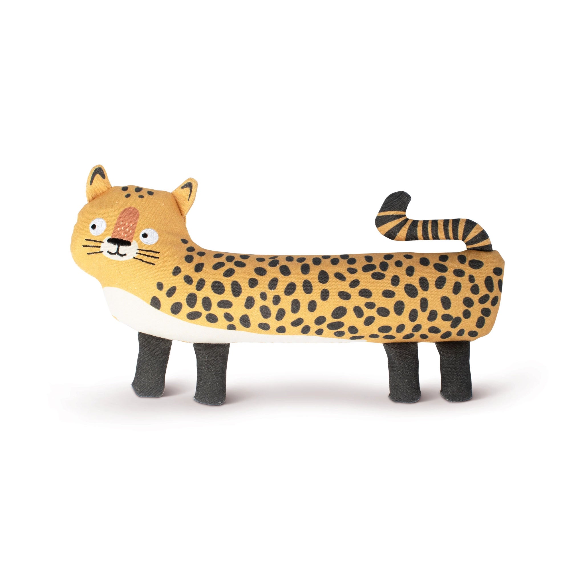 Canvas stuffed leopard dog toy with black spots on a white background