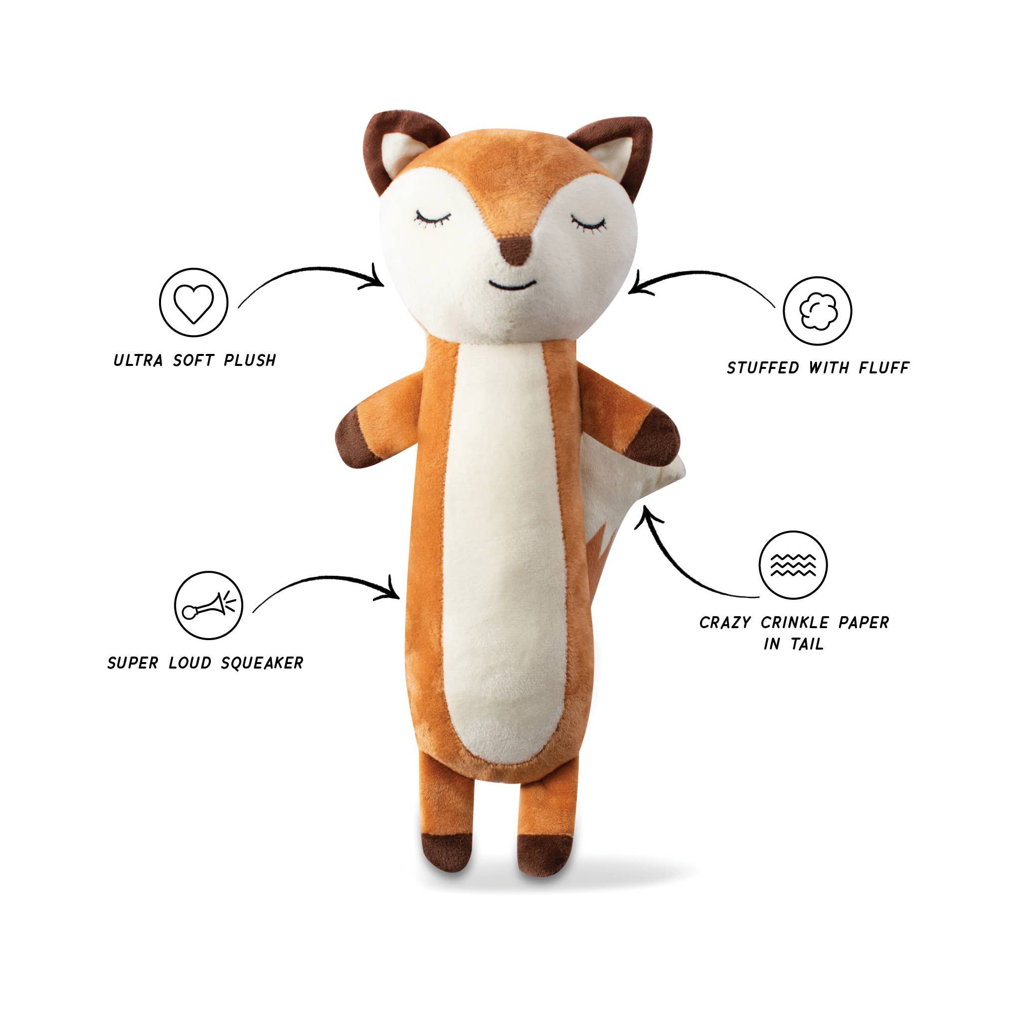 Plush fox dog toy with features labeled on a white background