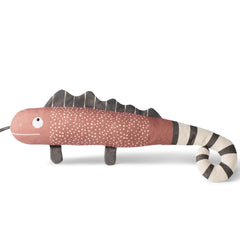 Dog toy chameleon with a pink body and striped tail on a white background