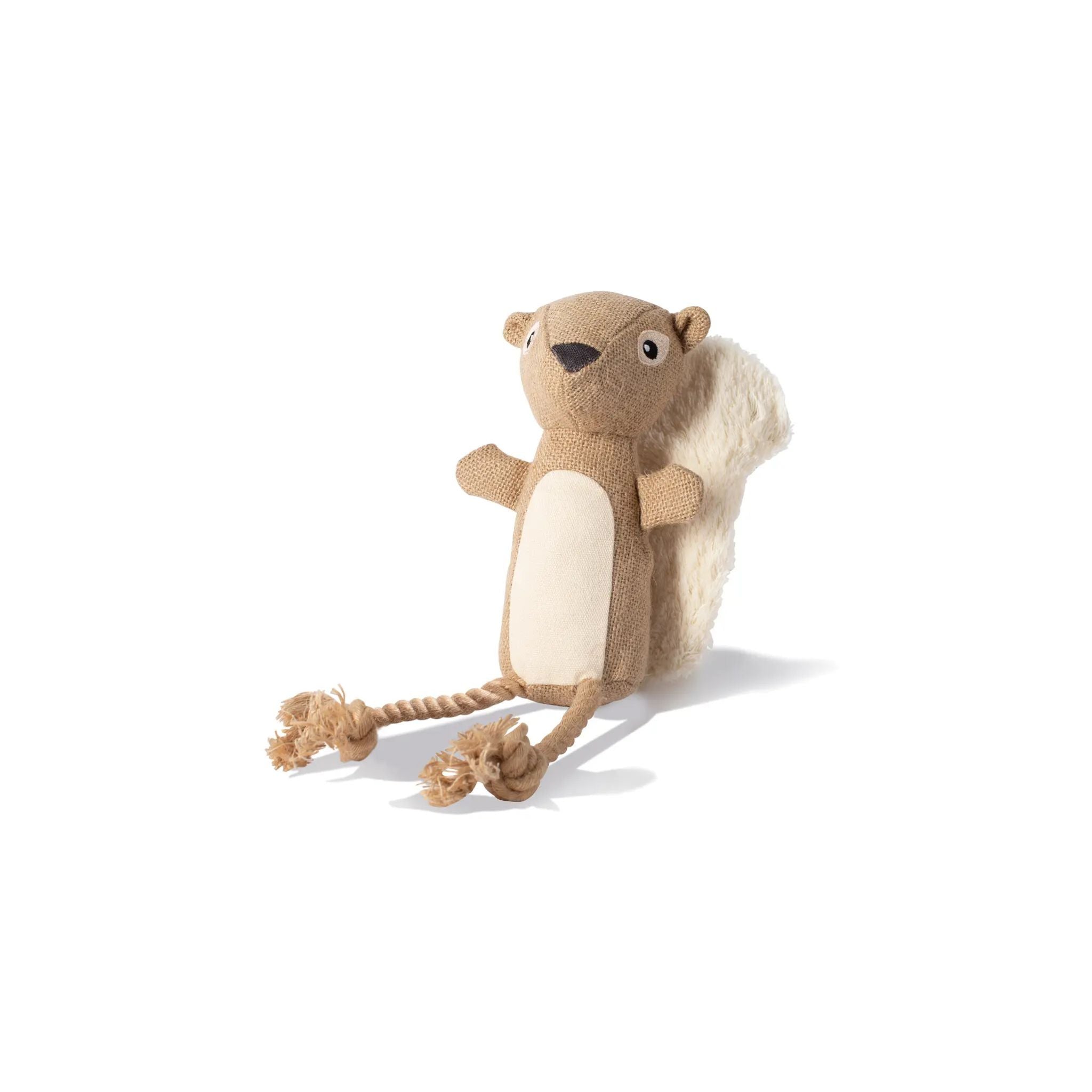 Plush squirrel dog toy with a rope on a white background