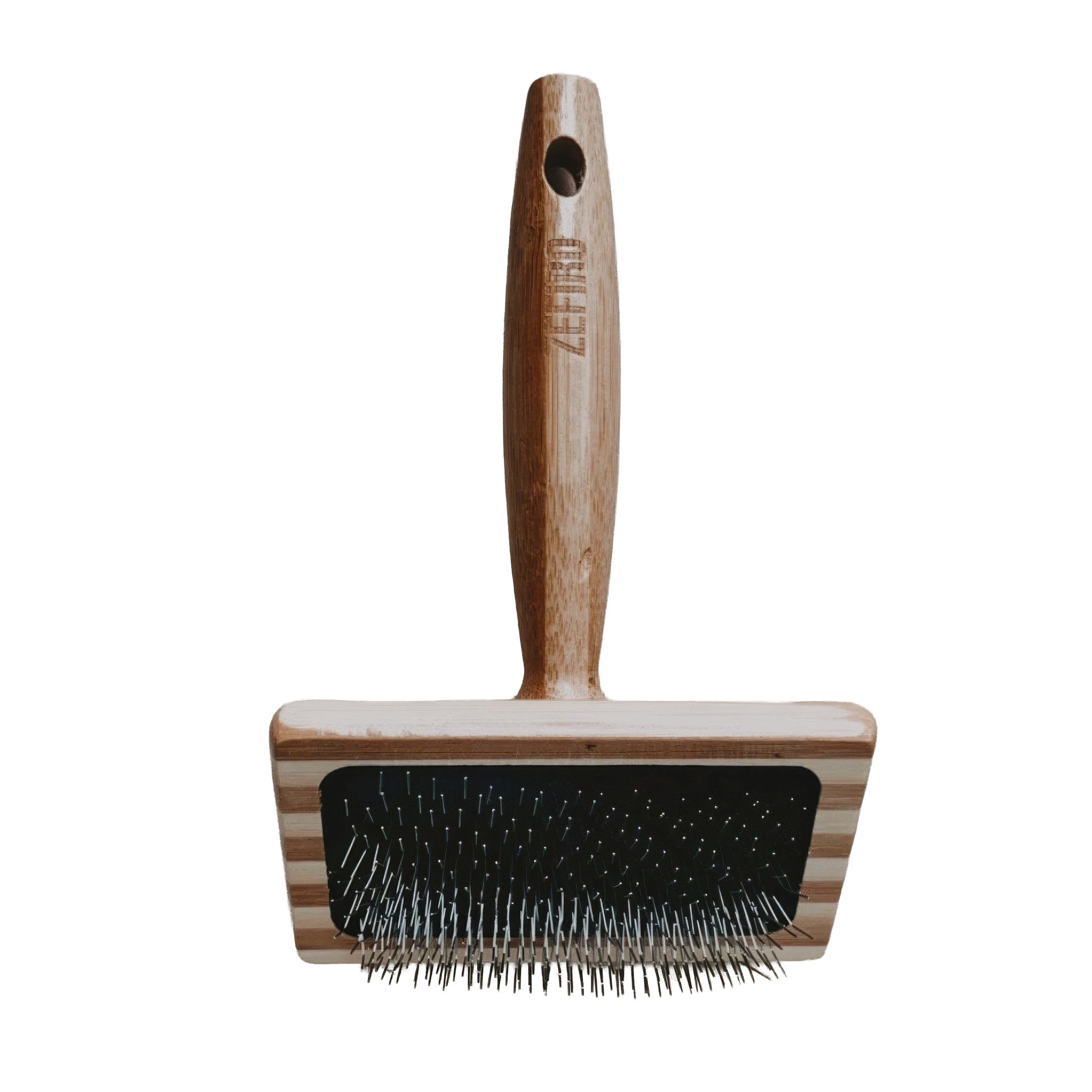 Cat grooming brush with wooden handle on a white background
